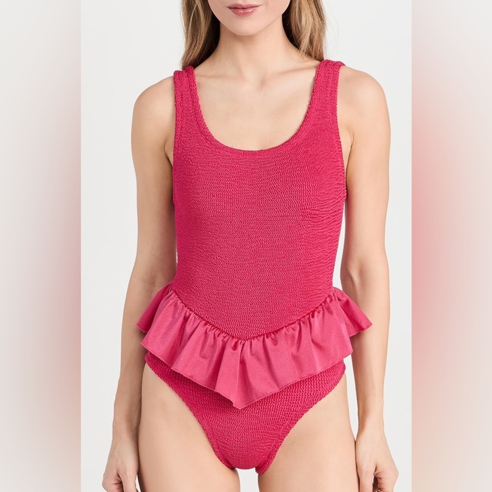 New Hunza G Denise Frill Swimsuit Metallic Crinkle One Piece  Pink Raspberry